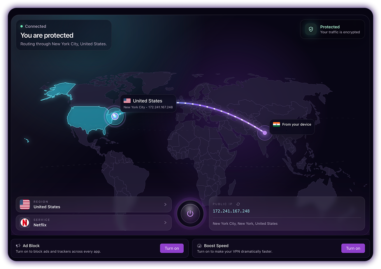 Free VPN for Windows dashboard showing protected state, selected region, public IP, Ad Block, and Boost Speed controls