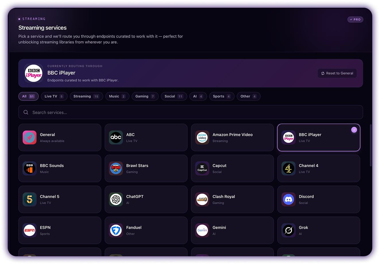 Free VPN for Windows services screen with streaming and app profile modes
